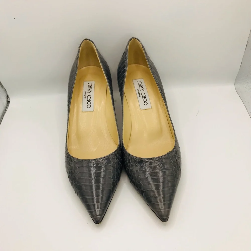 Jimmy Choo Gray Pointed-Toe Kitten Heel Pumps - Picture 6 of 12